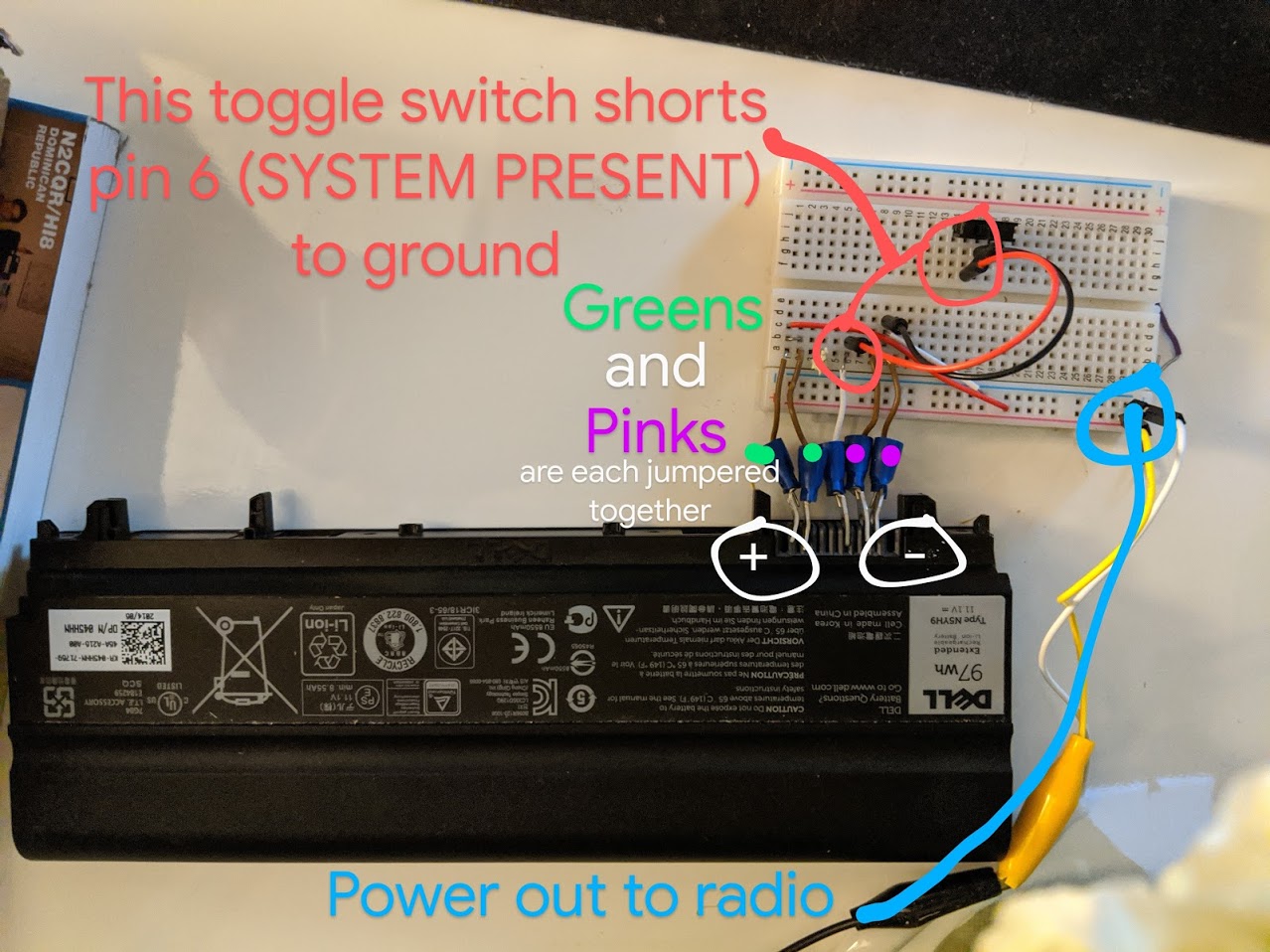 Annotated drawing of the battery wireup job I did.